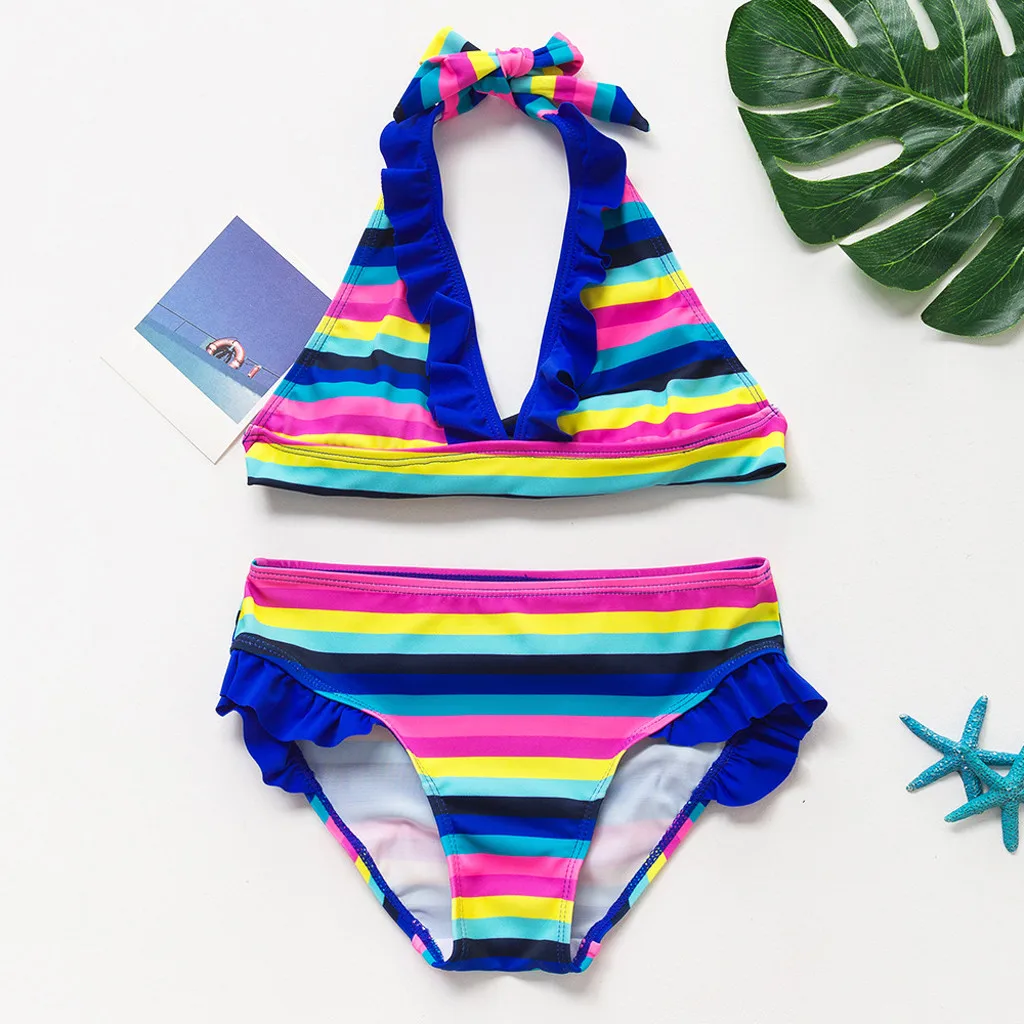 

2021new Teen Kids Girls Rainbow Striped Two-pieces Swimwear Swimsuit Bikini Outfit Vogue Summer Children's Swimsuit Baby Clothes