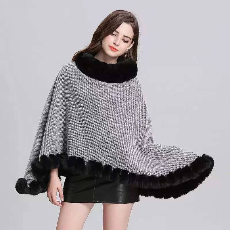 

Women's Velvet Warm Raincoat Layers Capes And Poncho Rain Coat Women Faux Fox Fur Knitted Shawl Cloak Windbreaker Sweater