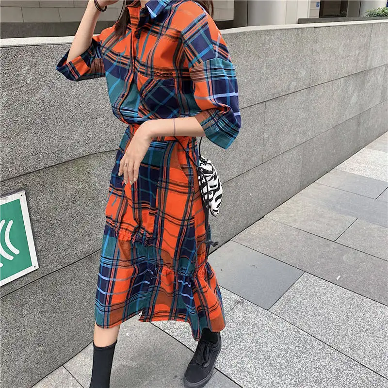 Женский осенний костюм новинка 2019 клетчатая рубашка с коротким рукавом +
