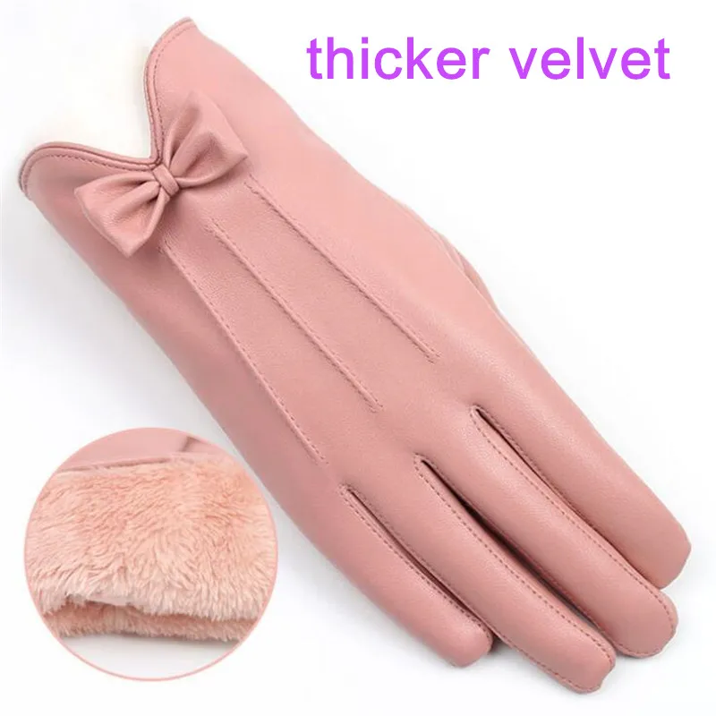 pink thick velvet Новое поступление женские зимние теплые модные розовые перчатки из искусственной кожи с бантом - Цвет: pink thick velvet