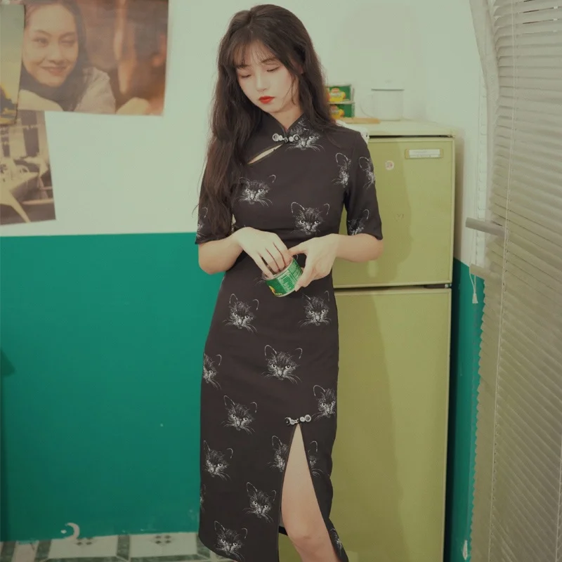 Азиатская уличная одежда в японском стиле длинное платье миди Чонсам восточное