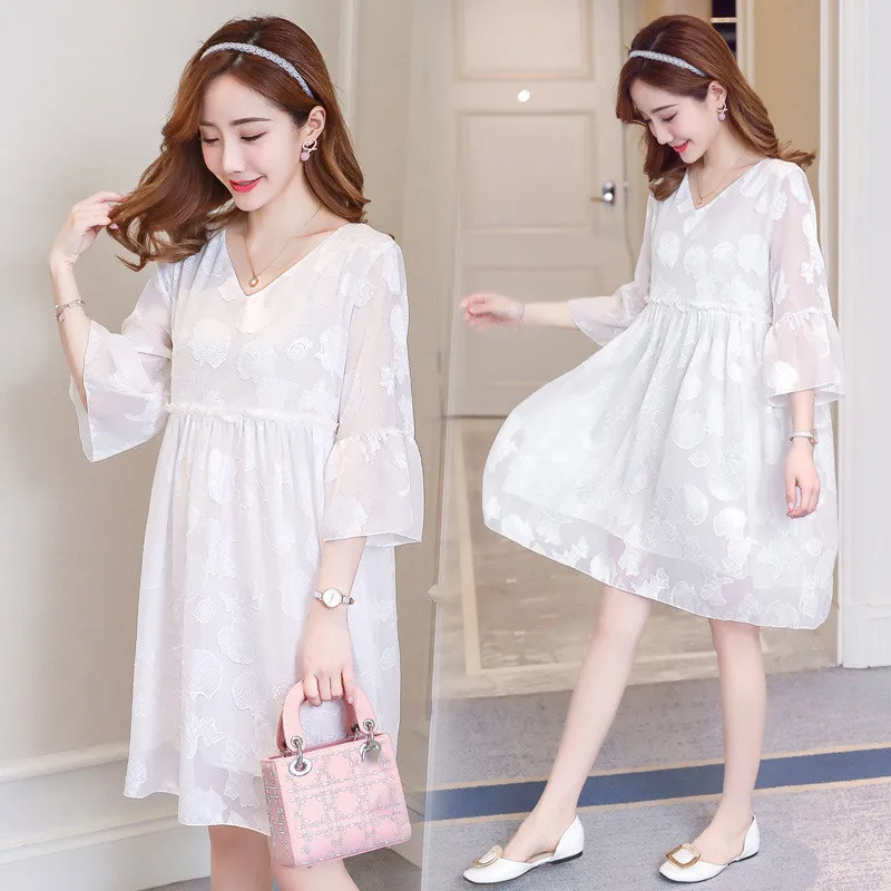 

Women's Maternity Dresses Chiffon Loose Nursing High Waist Dress Short Sleeve Double Layer Comfortable Solid Pregnant Dresses