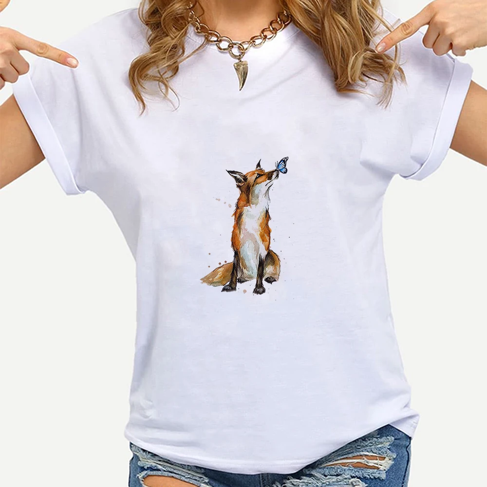 

Creativity Painting Tshirt Womens Simplicity Summer Short Sleeve Fox and Butterfly Aesthetic T Shirt Art Versatile Top Hipster