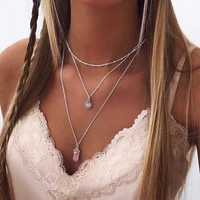 abayabay bohemia style women necklace multi layer elegant temperament fairy pink water drop necklace clavicle chain chocker