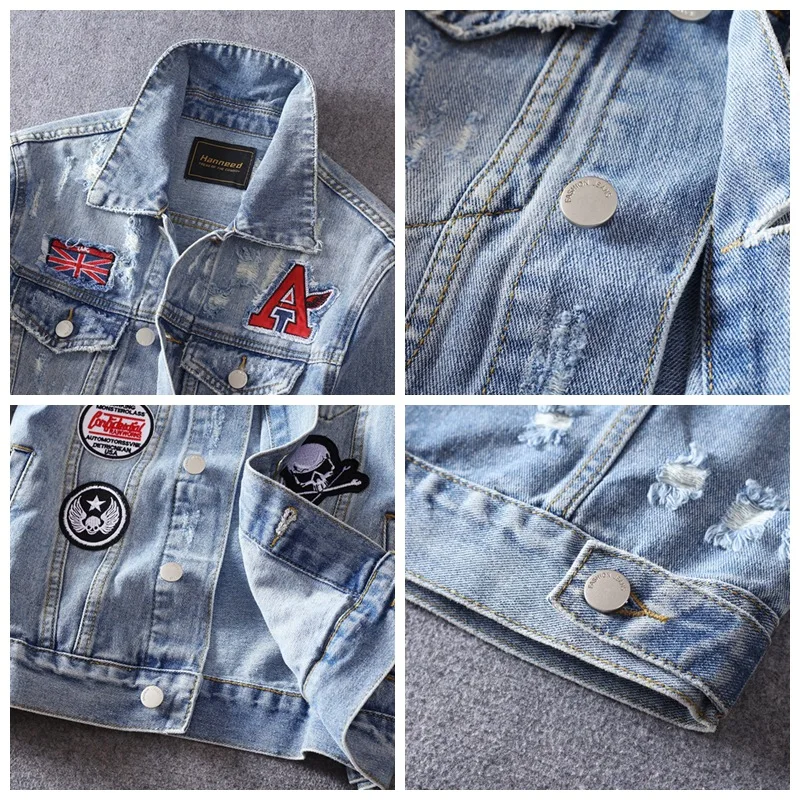 

ABOORUN Hi Street Men's Fashion Denim Jackets Broken Patchwork Slim fit Jean Coat Spring Autumn Streetwear Coat for Male