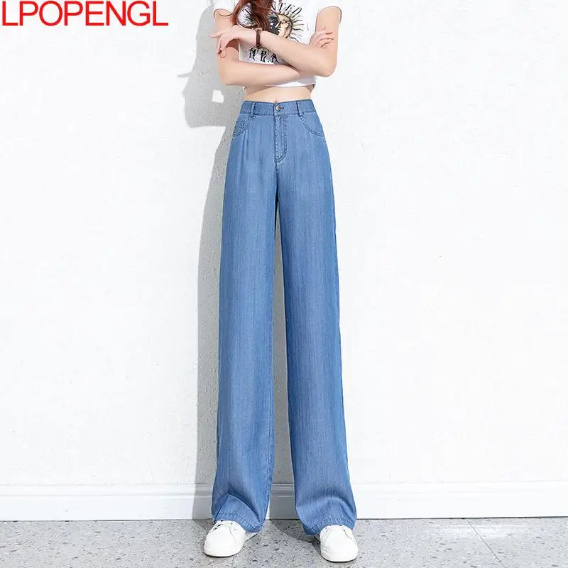 

Summer Ladies Retro Harajuku Tencel Jeans 2021 New Casual Fashion All-match Loose High Waist Button Trousers 26-34