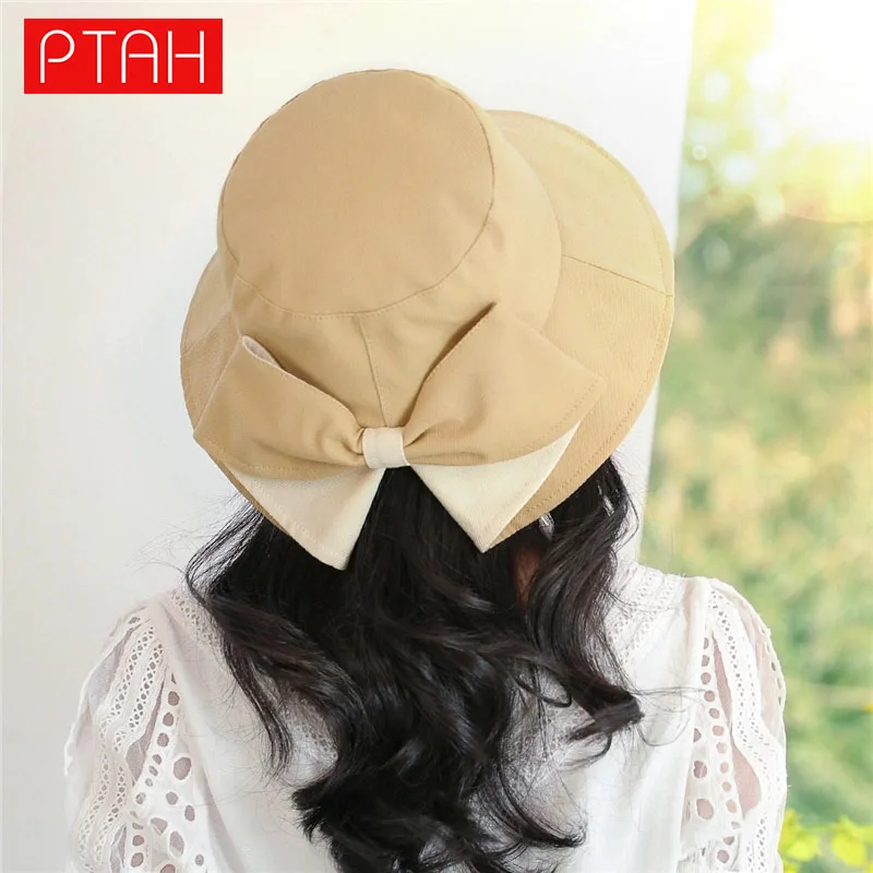 

[PTAH] Fashion Bucket Hats Women's UPF 50+ Wide Brim Cotton Lightweight Foldable Beach Hats Breathable Sun Protection Visors