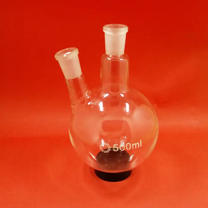 Лабораторная колба из прозрачного стекла с круглым дном и 2 горлышками 1 шт.