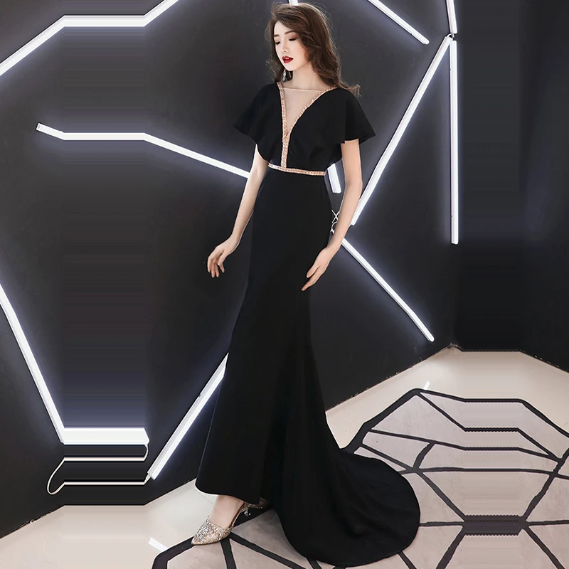 Вечернее платье Soild v-образным вырезом с коротким рукавом Robe De Soiree в пол, со стразами женские вечерние платья с открытой спиной F159