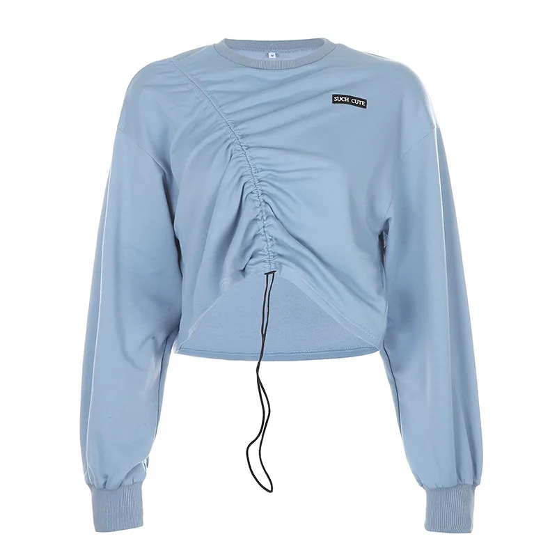 

Bazhenova Women Sweet Sweatshirts Girls Fall Solid Color Round Neck Casual Loose Tops Ladies Lace Up Embroidery Sweatshirts R931