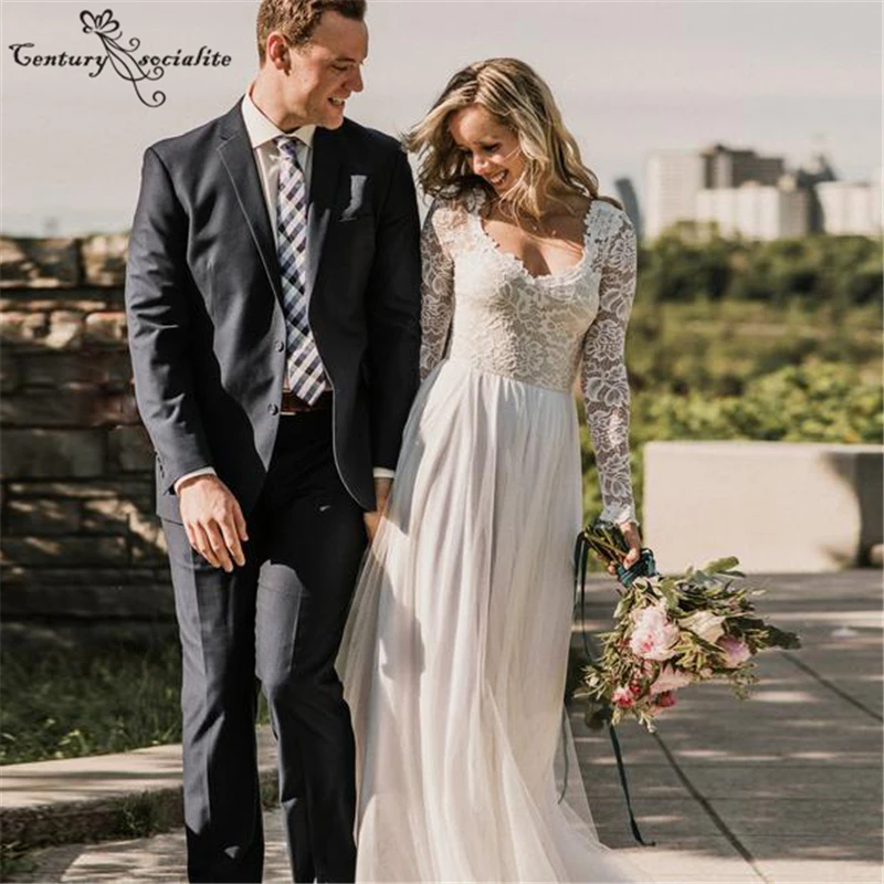 

Boho Lace Wedding Dresses 2020 Long Sleeve Backless Beach Bridal Dress V-Neck A-Line Bride Gowns Bohemian Vestido De Noiva