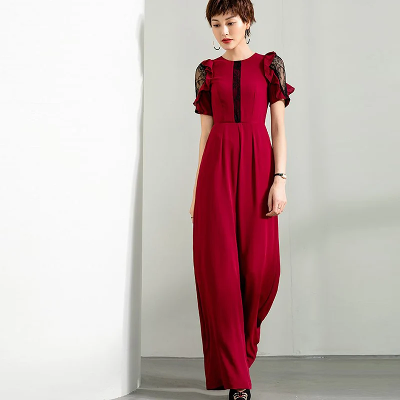 2020 Women Summer Party Jumpsuits Formal Chiffon Elegant Wide Leg Women Customize Lace Red Rompers Jumpsuit Plus Size 3XL 4XL