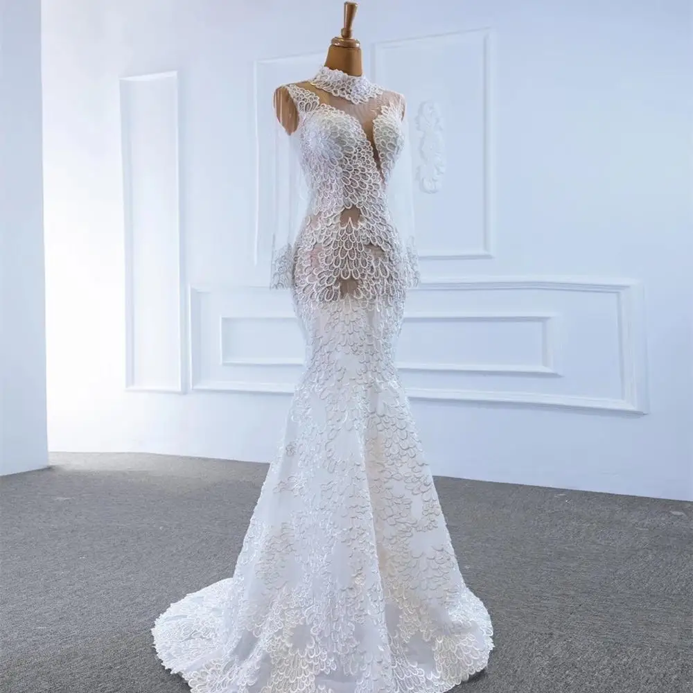 DD JYOY Sexy Transparent Mermaid Wedding Dress Long Sleeve Shining Beading See Through Lace Wedding Gown Small Train 2020 New