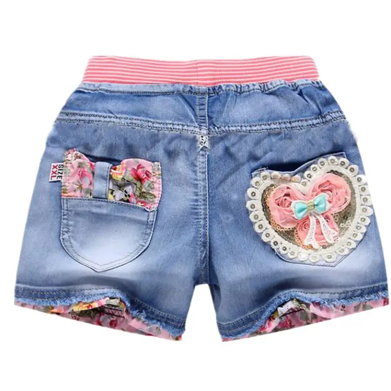 2021 New Girls Denim Shorts Summer Fashion Cute Love Floral Lace Wild Children's Pants Teen 3-13Y | Детская одежда и обувь