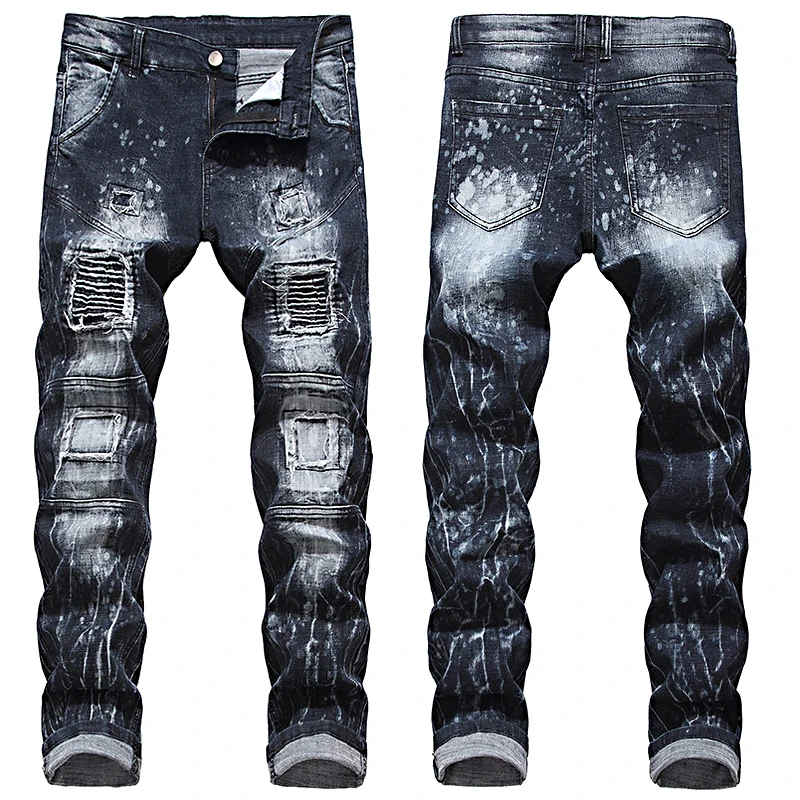 

New European American ripped jeans men's male patch loose straight leg trend personality slim pants splash ink beggar trousers