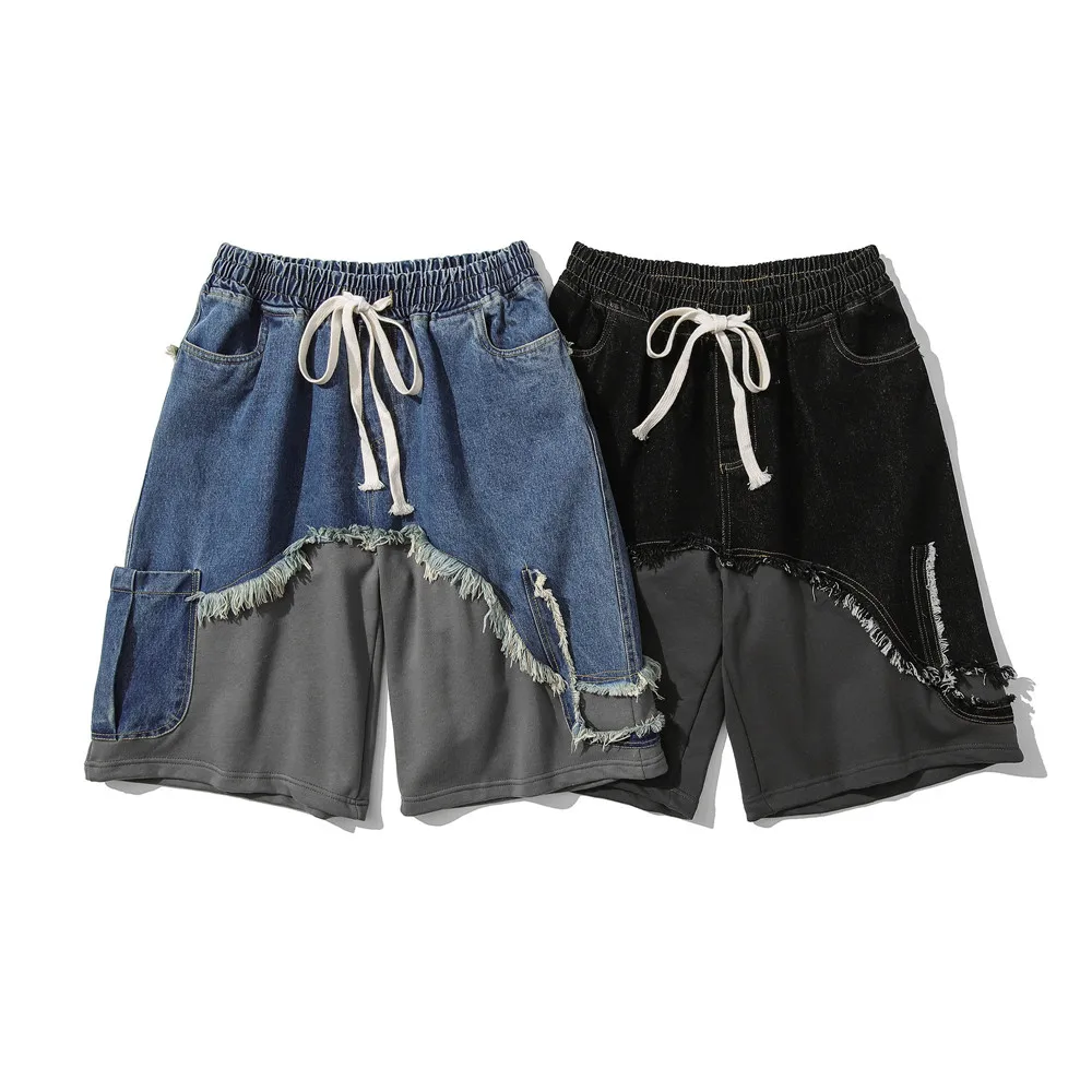 

Vintage denim stitched casual shorts men's patchwork streetwear pants men shorts plus size shorts denim 8857
