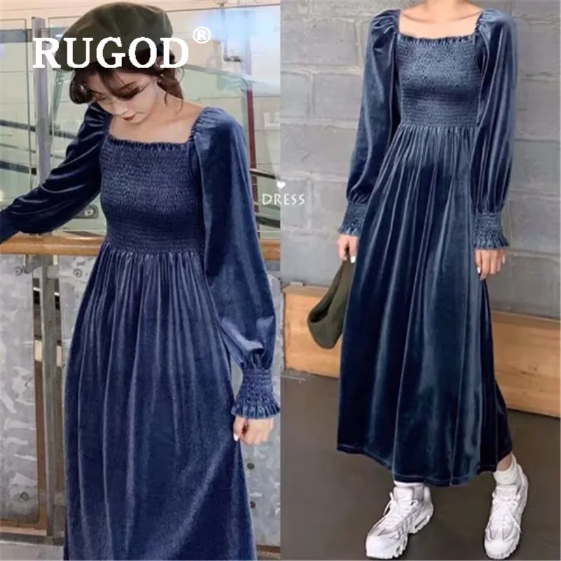 RUGOD винтажное приталенное бархатное плиссированное платье с квадратным