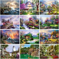 5d diy new diamond painting forest lakeside cottage cross stitch embroidery suit lighthouse home decoration holiday gift
