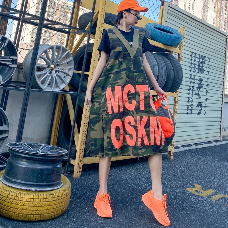 

Vefadisa Camouflage Print Denim Dress Women 2021 Spring Summer V-Neck Sleeveless Women Dress Letter Print Denim Dress QYF5155