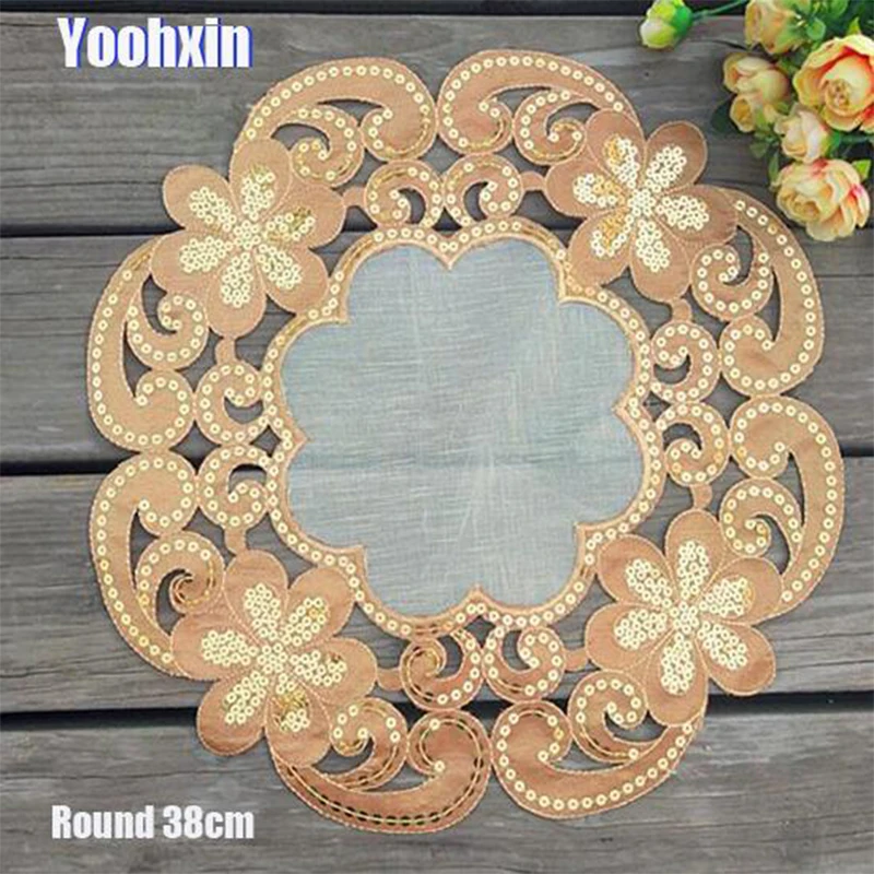 

Gold Sequin Embroidery Place Table Mat Cloth Lace Pad Cup Mug Tea Drink Doilies Coffee Coaster Christmas Dining Placemat Kitchen