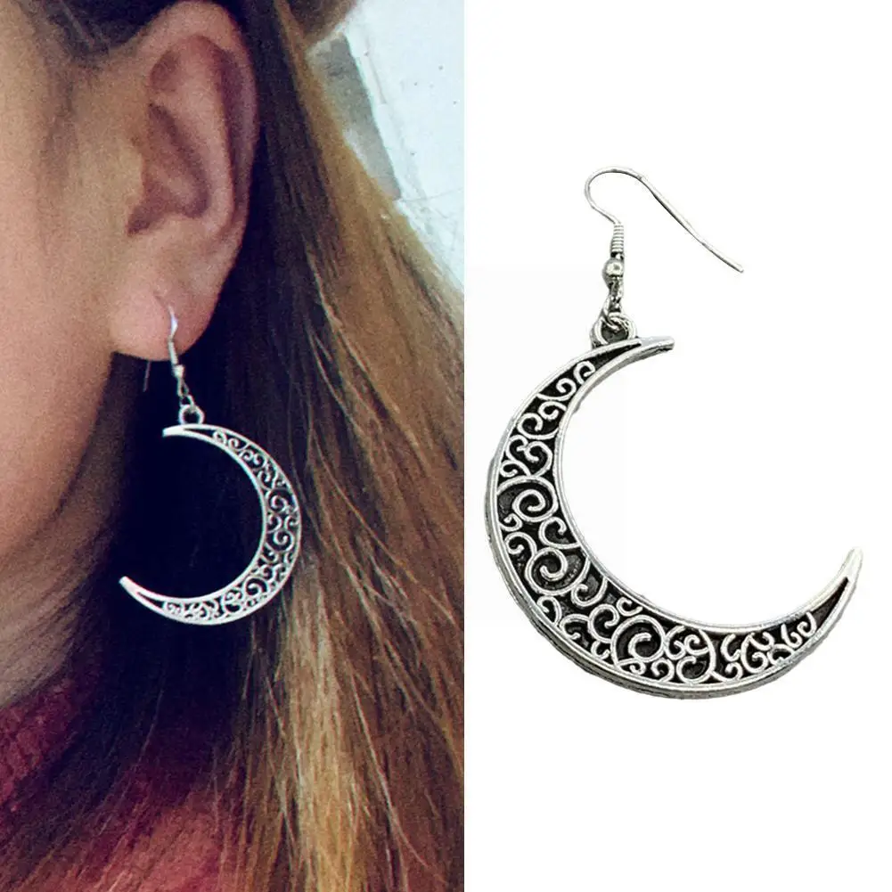 

1 Pair Hollow Moon Pendant Earrings Silver Plated Retro Beach Exaggerated Statement Earring Moon Bohemian Jewelry For Women Z1W6