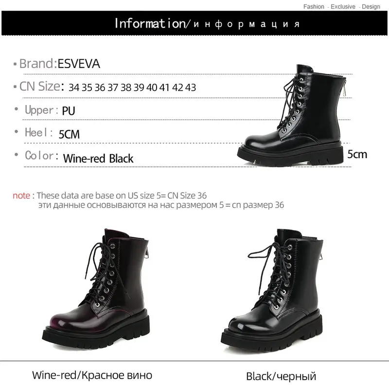

ESVEVA 2021 Lace Up Square Heel PU Leather Ankle Boots Women Boots Shoes Round Toe Zipper Platform Boots Big Size 34-43
