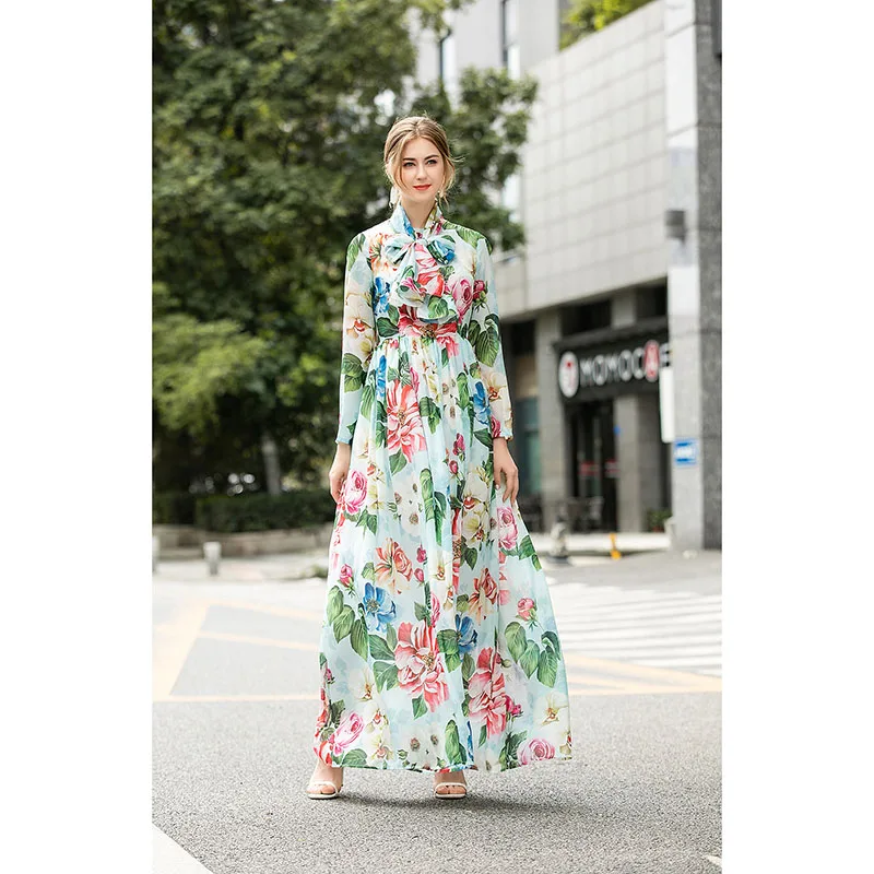 Women Runway Dress 2020 High Quality Spring Summer O-Neck Long Sleeves Print Sashes Casual Maxi Dresses  NP1035N