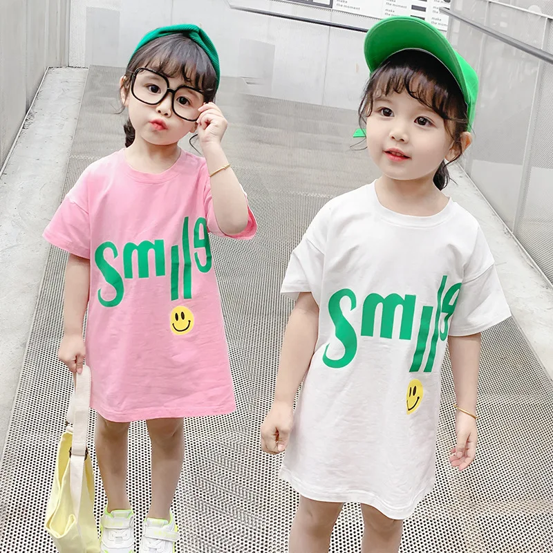 

Летнее платье для маленьких девочек; Повседневное платье с короткими рукавами и буквенным принтом для девочек; Детская одежда; От 1 до 5 лет п...