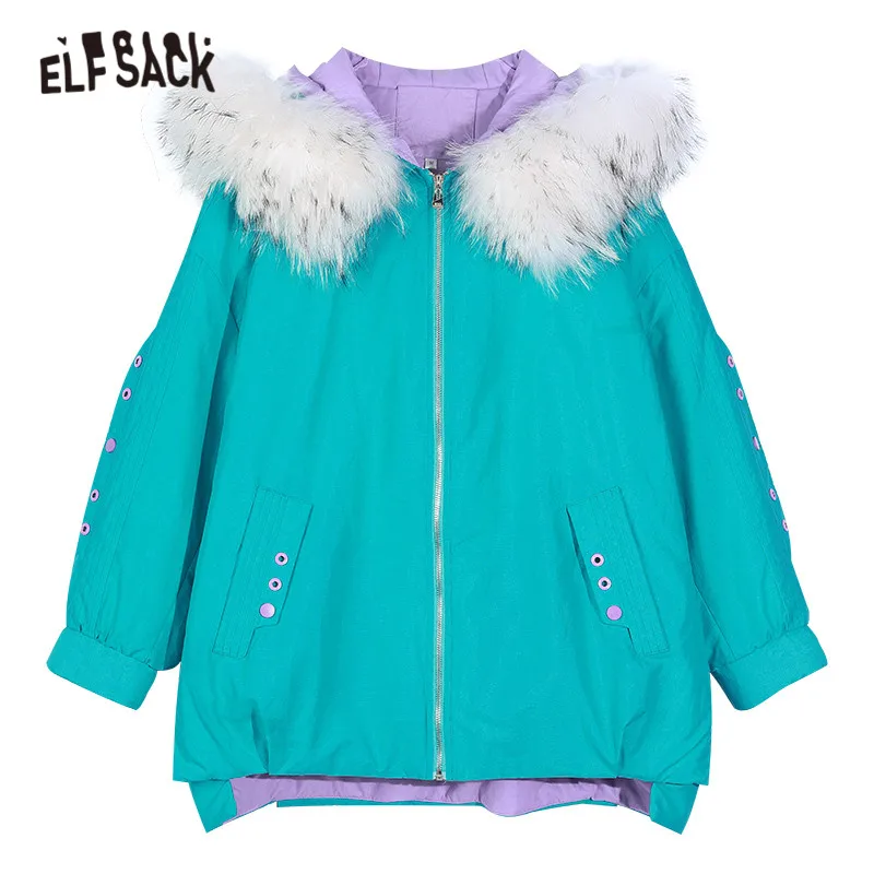 

ELFSACK Solid Pure Casual Oversize Hooded 90% White Duck Down Coat Women,2020 Winter ELF Korean Ladies Warmness Daily Outwear