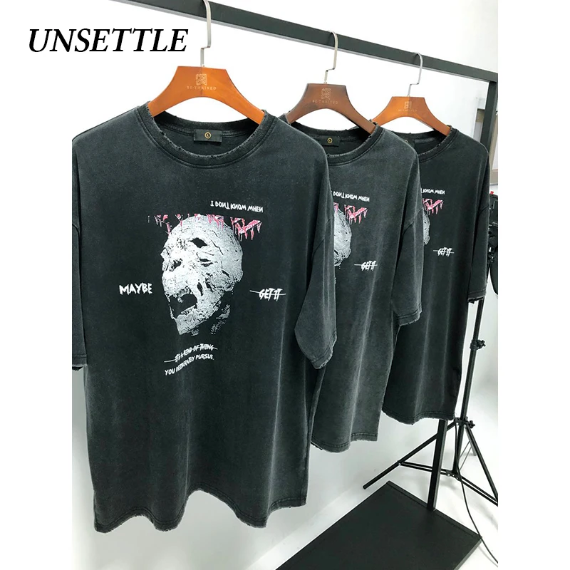 UNSETTLE High Street Heavy Weight Fabric Washed T-shirts Men Hip Hop Print Gothic Skulls Streetwear tshirt Short Sleeve Tees | Мужская