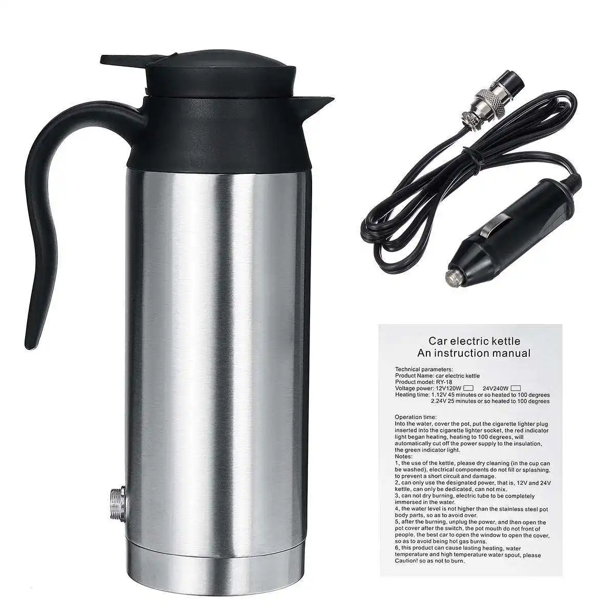 

Stainless Steel Electric Kettle 12V /24V 800ml In-Car Travel Trip Coffee Tea Heated Mug Motor Hot Water Boiling for Car Truck