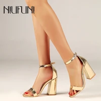 one word hasp round toes womens sandals thick high heels gold silver bright color sandals simple open toes sexy womens shoes