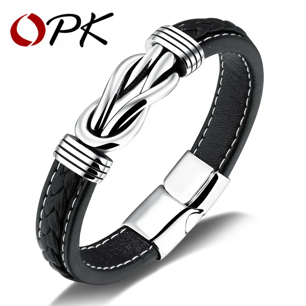 

OPK Unique Knot Shape Genuine Leather Men Bracelets White Stitch Line Design Magnet Buckle Male Wrap Party Gift PH1151
