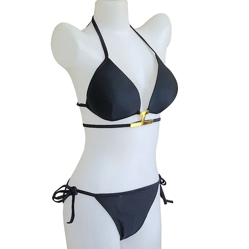 

Halter Lace-Up Gathered Multi-Rope Metal I-Shaped Decorative Bikini Split Beach Hot Spring Swimsuit Women's Sexy 2 Pieces
