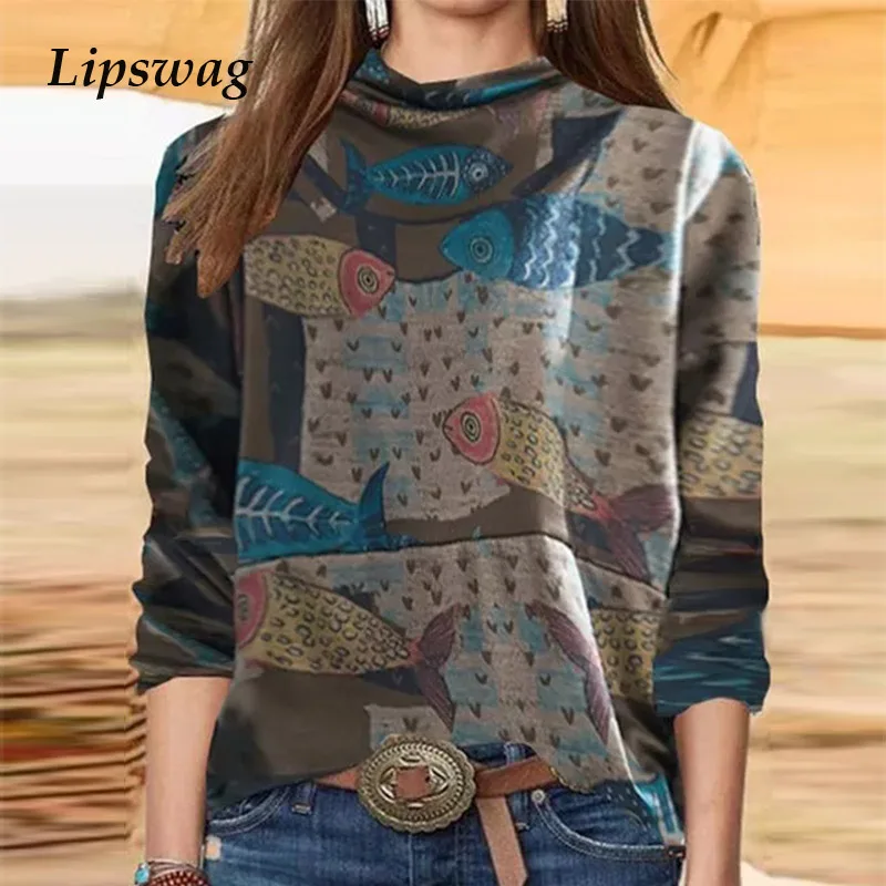 

2021 Spring Autumn Long Sleeve Shirt Blouse Women Vintage O Neck Harajuku Shirt Pullover Casual Fish Print Tops Blusa Streetwear