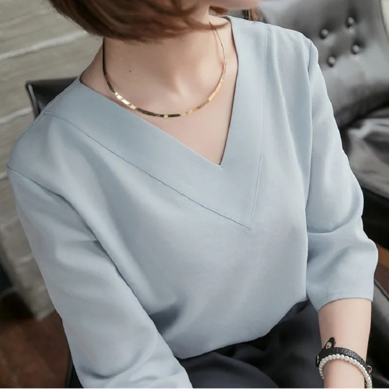 

AECU Women Summer Chiffon Shirts Blouse Solid Half Sleeves Blouses for Women V-neck Loose Pullover Shirt Office Lady Shirts