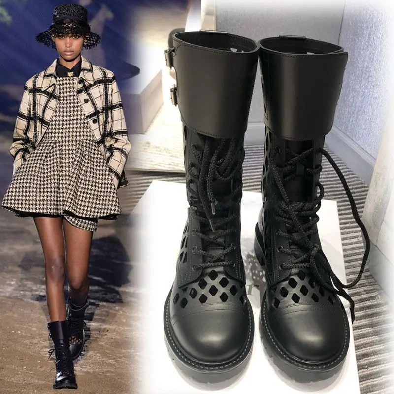 Модные кожаные дышащие ботинки на низком каблуке с круглым носком Летние