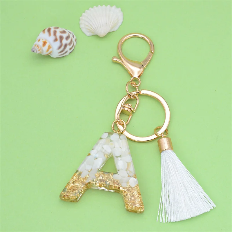 

26 English Word Resin Initial Letter Keychain With Tassel Off White Alphabet Car Pendant Key Chains Birthday Gift For Girlfriend
