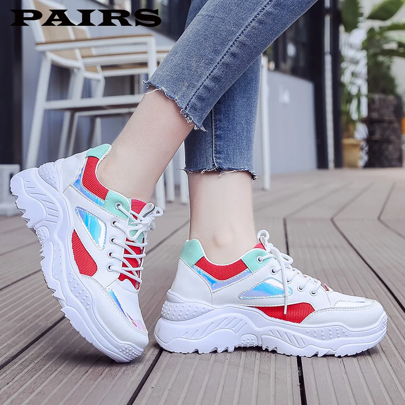 

Women Platform Chunky Sneakers 3.5cm high lace-up Casual Vulcanize Shoes luxury Designer Old Dad female fashion Sneakers 2019