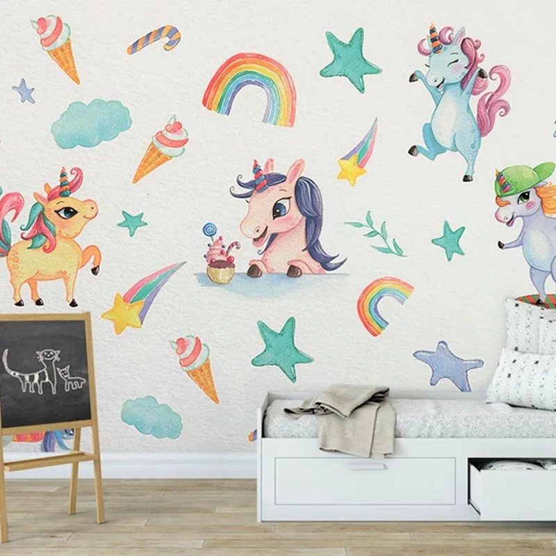 Декор для комнаты девочек милые радужные наклейки на стену с единорогом