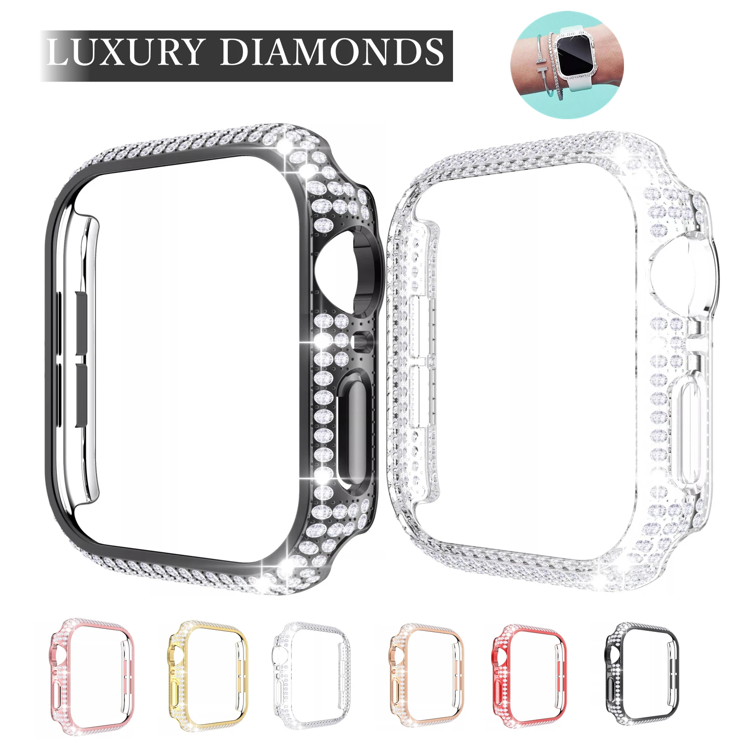 

Luxury Diamonds Fully Paved Women Protective Bumper for Apple Watch Case 44mm 40mm Bling Case for iWatch SE Series 6 5 42mm 38mm