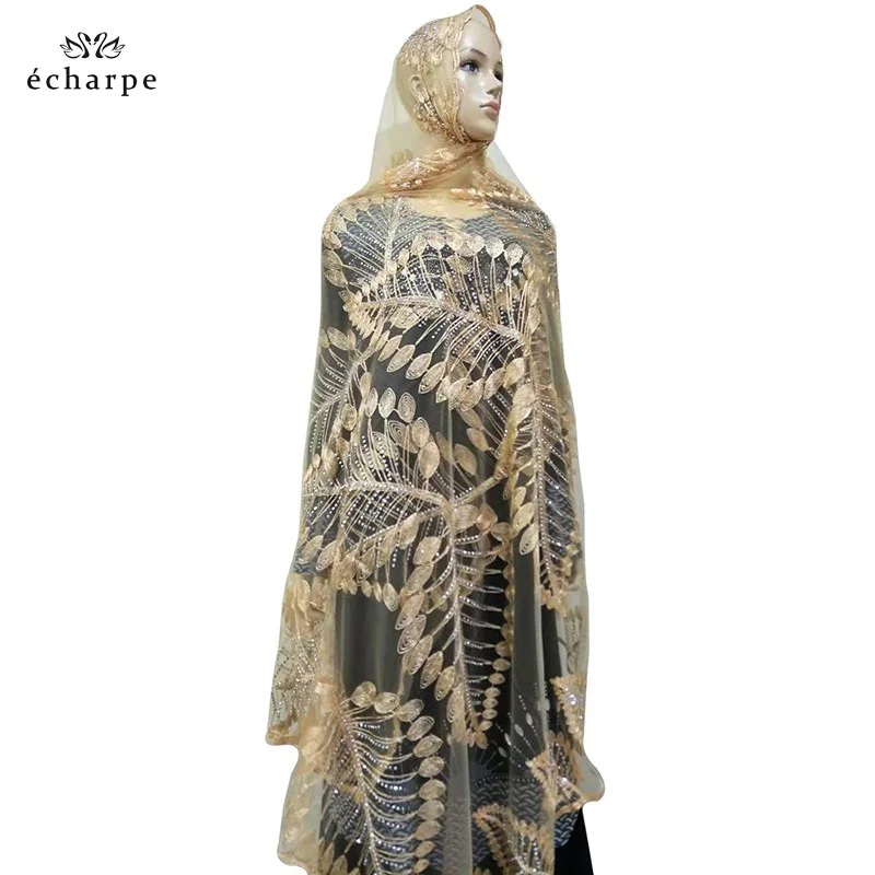 Новейшие африканские женские хиджаб шарфы дизайн листьев большая вышивка мягкий