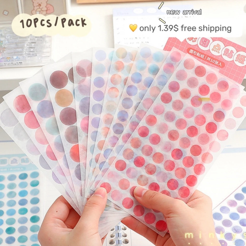MINKYS 10pcs/pack 520 Dots Kawaii Watercolor Dot Stickers for Scrapbook DIY Craft Journal Circle Dot Labels Scritters Stationery