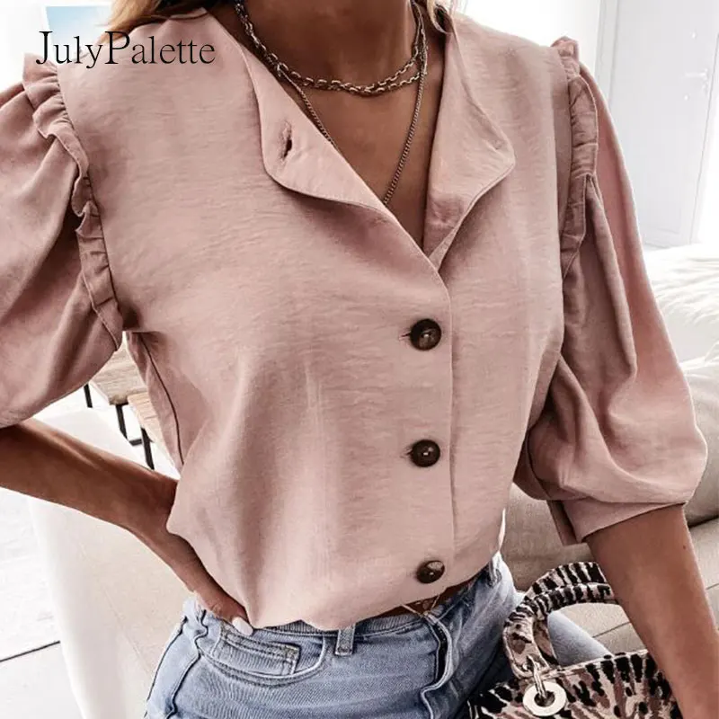 

Julypalette Casual Spring Autumn V-neck White Shirt Women Summer Solid Color Ruffles Office Shirt Female Single Breasted Tops