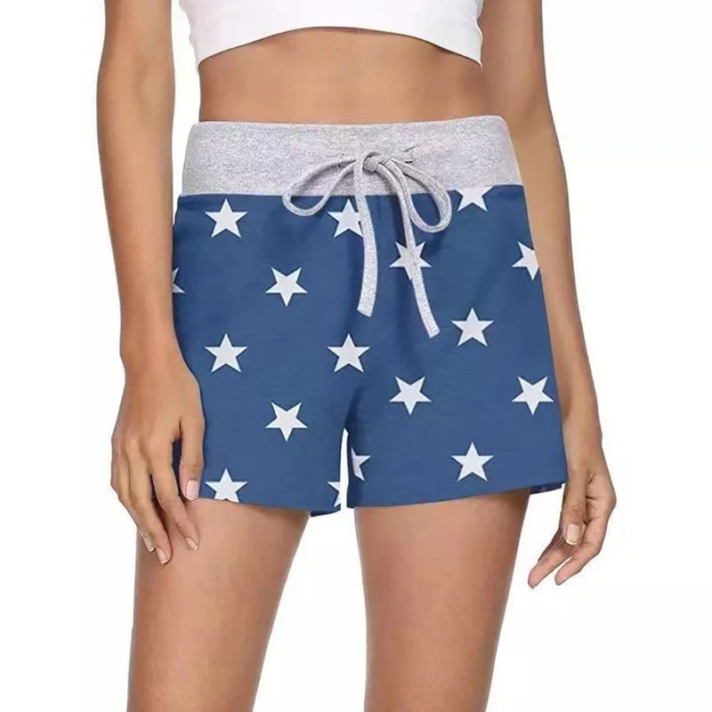 

Summer Women Commute Short Drawstring Stars Printing Shorts Plus Size High Waist Sport Fitness Workout Short Street Wear