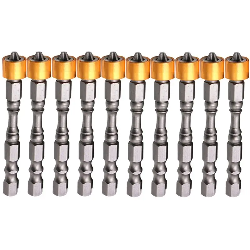 

10 Pcs Strong Magnetic PH2 Screwdriver Bit Set 65mm Yellow Aluminum Ring Electronic Phillips Bits for Plasterboard Drop Shipping