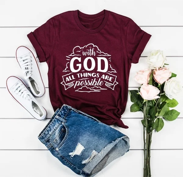 Женская мода с коротким рукавом принтом в виде букв Богом все возможно