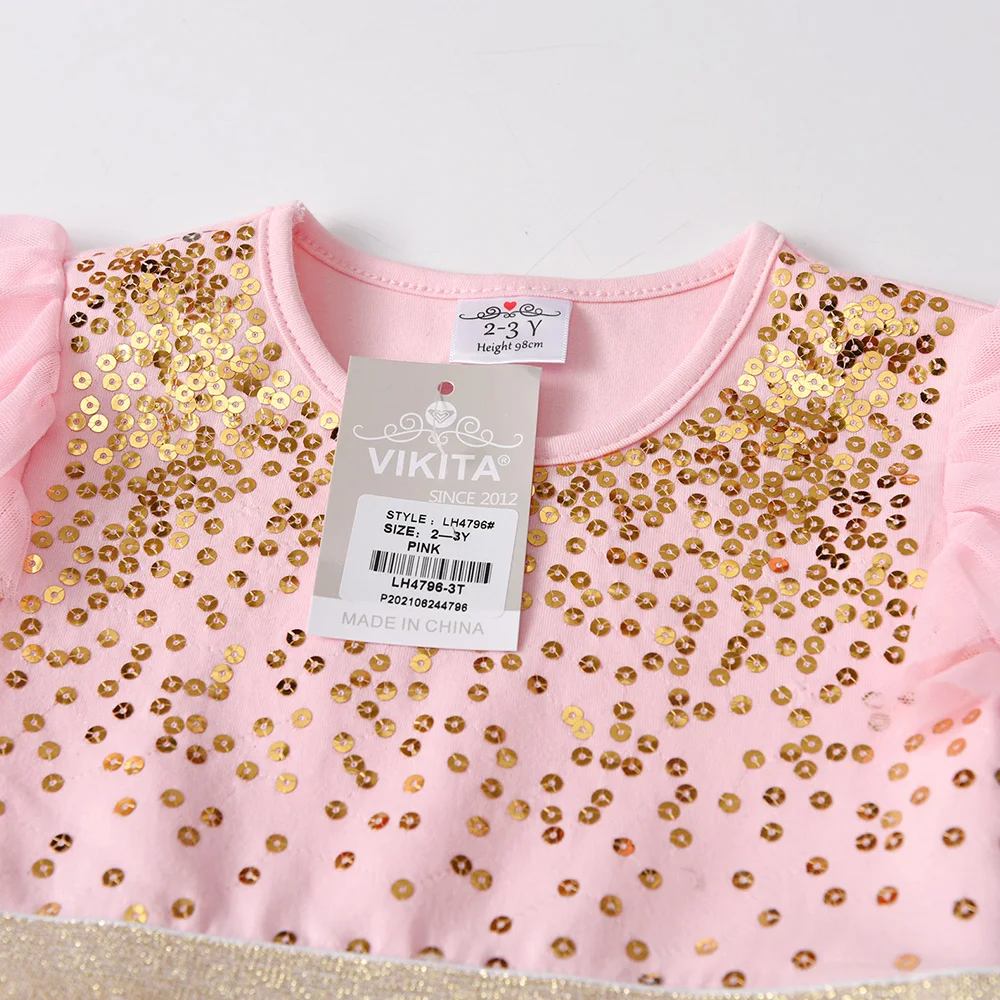 VIKITA Kids Dress for Girl Cake Layered Mesh Tulle Princess Dress Children Casual Clothing Wedding Party Gown Sequins Costumes