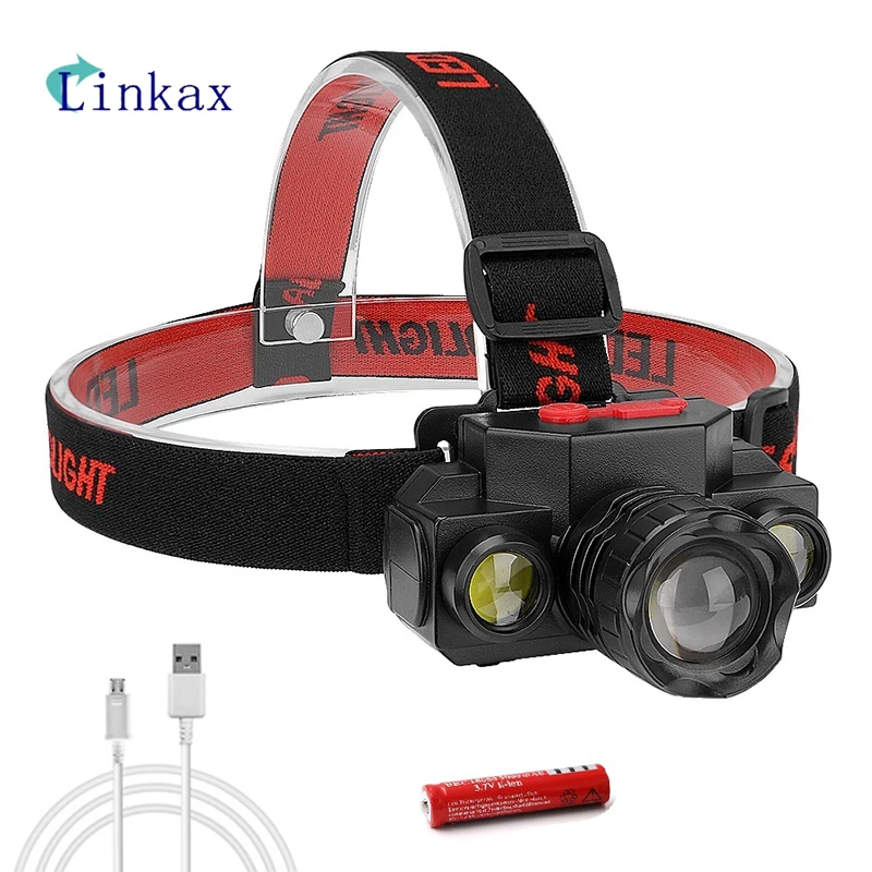 

1 * XPE + 2 * COB светодиодный налобный фонарь, телескопический зум, водонепроницаемый налобный фонарь с зарядкой от USB для активного отдыха, поход...