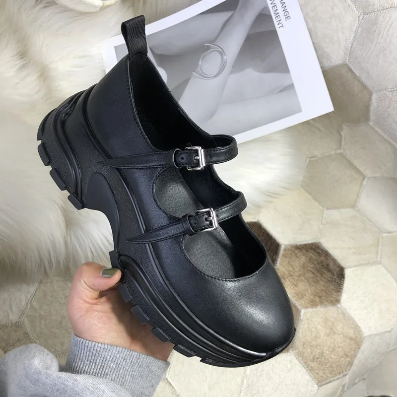 

Retro Black Women Sneakers Mary Janes Platform Shoes Woman Thick Bottom Leather Shoes Woman Casual Loafers Ladies Flats